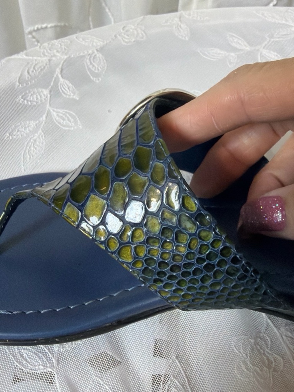 Brighton Navy Blue and Olive Green Snakeskin-Pattern Sandals - Picture 2 of 7